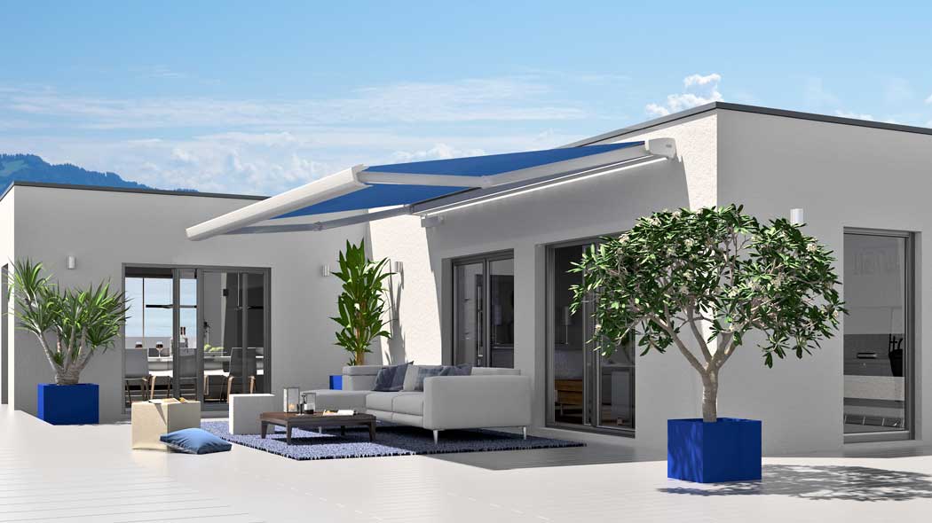 ERHARDT MARKISEN - Ansicht Aussenbereich mit ausgefahrener Kassettenmarkise